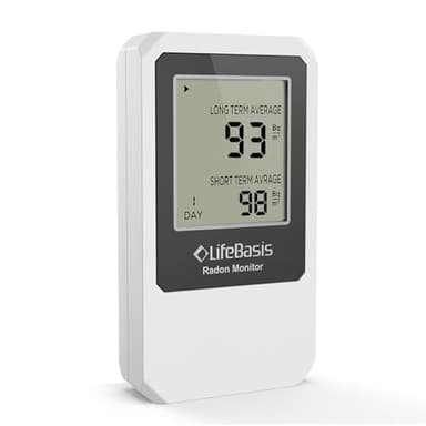 Life Basis Détecteur de radon portable pour la maison avec grand écran, surveillance du radon à long et court terme, fonctionne avec piles, version canadienne en Bq/m – Blanc