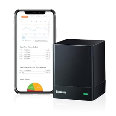 Ecosense EQ100 EcoQube Détecteur numérique de radon, capture rapide des niveaux fluctuants, surveillance continue à court et long terme avec graphiques de tendances, accès aux données à distance