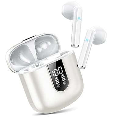 Écouteurs sans fil Bluetooth 5.3 HiFi stéréo, mini écouteurs intra-auriculaires Bluetooth, écouteurs sans fil avec micro antibruit 4 ENC, étanchéité IP7, écran LED, contrôle tactile, blanc