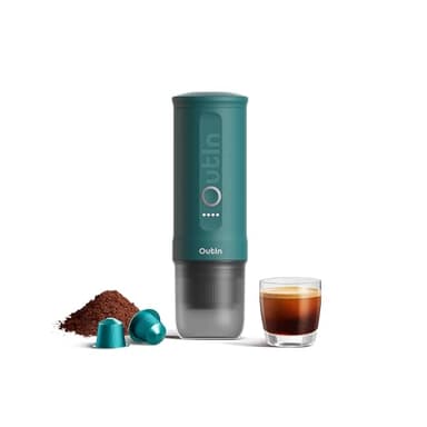 Outin Nano machine à expresso électrique portable avec auto-chauffage de 3 à 4 minutes, 20 bar, mini cafetière de voiture 12 V 24 V, compatible avec capsules NS et café moulu pour camping, voyage
