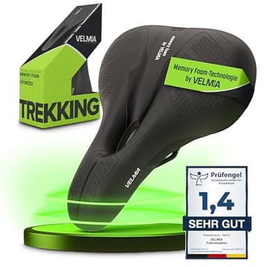 VELMIA Selle de vélo conçue en Allemagne, fabriquée en mousse à mémoire de forme confortable pour homme et femme, selle de vélo imperméable avec Smart Zone-Concept I, siège de vélo d'appartement, pour