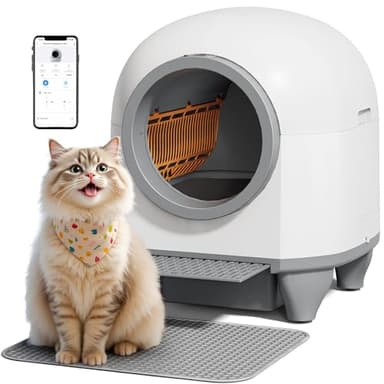 GUNJI Litière autonettoyante, 90 L, automatique pour chats multiples, grande boîte à chat avec protection de sécurité/contrôle d'application/tapis/1 rouleau de sac poubelle (blanc)