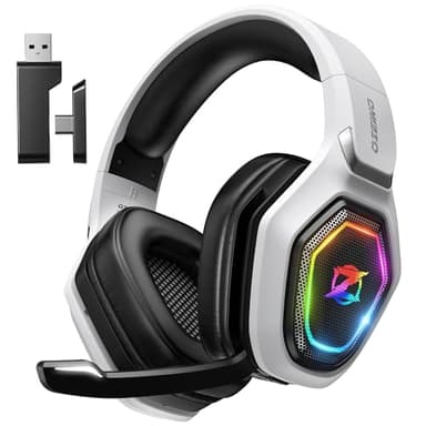 Ozeino Casque de jeu sans fil pour PS5, PS4, Switch, ultra stable 2,4 GHz USB et Type-C, Bluetooth 5.3 avec micro rabattable, batterie 40 heures + pour PC, ordinateur portable, mobile, Mac (blanc)