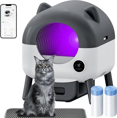 Litière autonettoyante pour chat, extra large, 110 L, contrôle par application, sans pelle, sans odeur, grande litière électrique pour chats multiples, comprend un tapis, 2 sacs à ordures