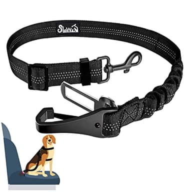 SlowTon Ceinture de sécurité 2 en 1 pour chien avec laisse ajustable, attache de ceinture de sécurité réfléchissante avec amortisseur élastique en nylon à connecter au harnais du chien (bleu, 90,2 cm)