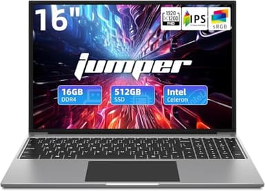 jumper Ordinateur portable 16", 16 Go de RAM 512 Go SSD, Celeron N5095 2,9 GHz, écran IPS 1200p FHD, ordinateur portable Windows 11 avec Wi-Fi 2,4 G/5 G, 4 haut-parleurs stéréo, système de