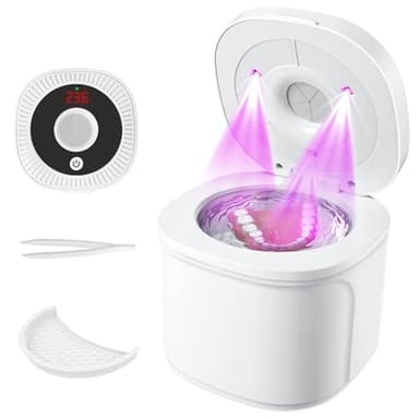 Nettoyeur de retenue à ultrasons, 48 kHz amélioré pour appareils dentaires, protège-dents, têtes de brosse à dents, bijoux, 4 modes de nettoyage avec capacité de 200 ml, blanc