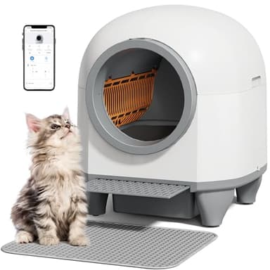 GUNJI Litière autonettoyante, 90 L, automatique pour chats multiples, contrôle par application, sans pelle, grande boîte pour chat avec protection de sécurité, tapis inclus, 1 sac poubelle (gris)