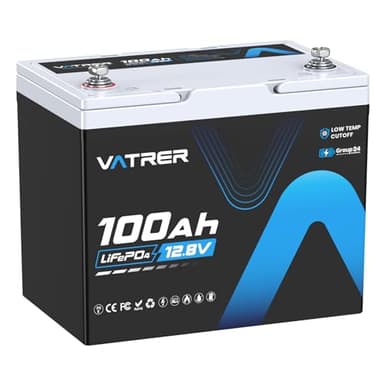 VATRER POWER Batterie au lithium LiFePO4 12 V 100 Ah, groupe 24, coupure basse température, BMS 100 A intégré, plus de 5000 cycles profonds, batterie au lithium rechargeable, parfaite pour camping-car