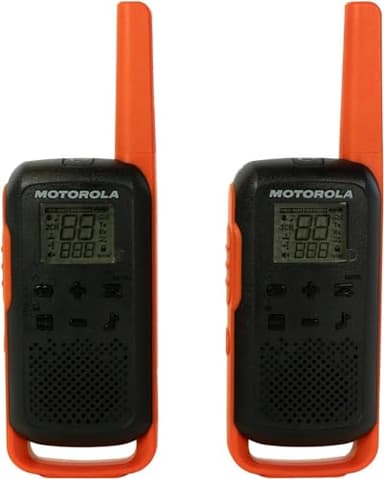 Motorola Solutions T275 Talkabout Lot de 2 radios bidirectionnelles rechargeables FRS avec 22 canaux, portée jusqu'à 40 km, étui de transport, orange/noir