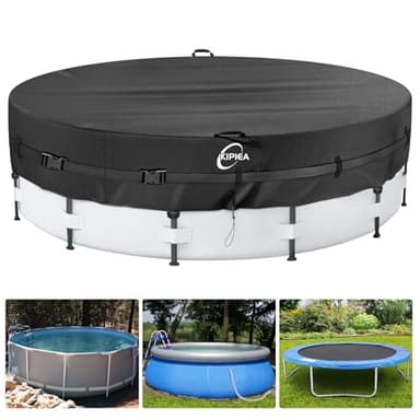 Kipiea Bâche de piscine hors sol 600D 4,6 m avec sangles coupe-vent améliorées et piquets de tente pour couvertures de piscine hors sol rondes, couvertures de piscine d'hiver, couvertures de piscine