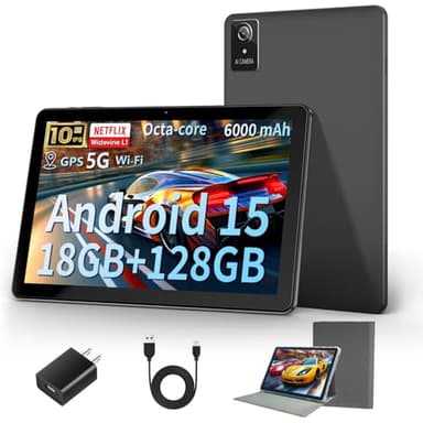 Tablette 10", tablettes Android 15 2025, 18 Go + 128 Go, 1 To d'extension, tablette Octa-Core compatible Widevine L1 avec WiFi 6, batterie 6000 mAh, double caméra (5 MP + 8 MP)