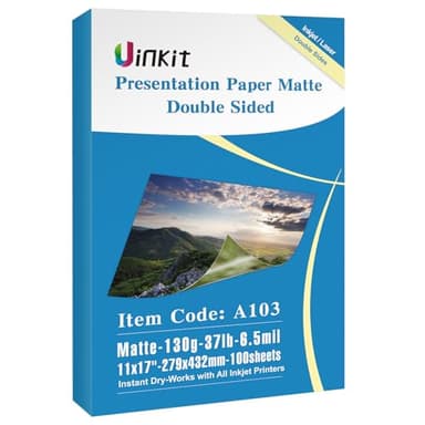 Uinkit Papier de présentation fin mat recto-verso 100 feuilles 11x17 130 g/m² 6,5 mil A3 pour imprimante jet d'encre à colorant A103