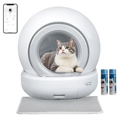 VICTONE Litière autonettoyante de 65 l - Grande litière automatique pour chat - Pour plusieurs chats - Contrôle des odeurs - Faible bruit - Sécurité - Tapis et 2 sacs poubelle (blanc)