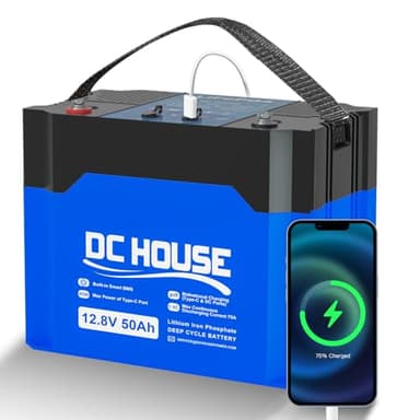 DC HOUSE Lifepo4 Batterie 12 V 50 Ah pour moteur à la traîne, BMS 80 A intégré, cycle profond jusqu'à 4000 fois, ports CC et type C, pour extérieur, moteur à la traîne, camping-car, bateau, camping