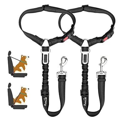 SlowTon Lot de 2 ceintures de sécurité réglables pour chien - Réfléchissantes - Avec élastique - Se connecte au harnais pour chien - Pour voyage et usage quotidien - Noir