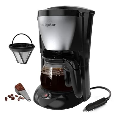 avigator Cafetière portable pour voyage, camping, voiture, machine à café moulu à portion unique avec carafe en verre de 5 tasses pour voyage, camping-car, bureau, maison et dortoir, 12 V, noir