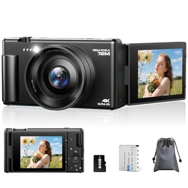 Appareil photo numérique 4K, autofocus 72 MP, écran rabattable 270°, caméra YouTube, zoom numérique 18x, avec carte de 64 Go et batterie pour adolescents, débutants, photographie, noir