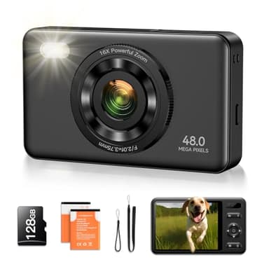Appareil photo numérique avec carte SD 128 Go Autofocus 48 MP 2,7 K pour la photographie Zoom numérique 16X Anti Secouement 2 batteries Appareil photo pour enfants débutants garçons filles adolescents