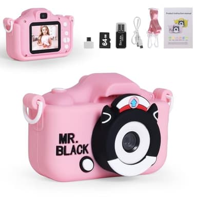 Appareil photo numérique HD 1080p pour enfants de 3 à 12 ans avec carte TF de 64 Go, meilleur cadeau de Noël et d'anniversaire pour garçons et filles (rose)