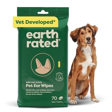 earth rated Lingettes pour oreilles d'animaux de compagnie élaborées par un vétérinaire, nettoyantes, hypoallergéniques, pour nettoyer la saleté, l'accumulation de cire, parfum d'avoine sauvage (70)