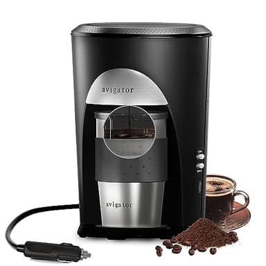 avigator Cafetière portable pour voyage, camping, voiture, machine à café moulu à portion unique avec tasse de voyage de 283,5 g pour voyage, camping-car, bureau, maison et dortoir, 12 V, noir