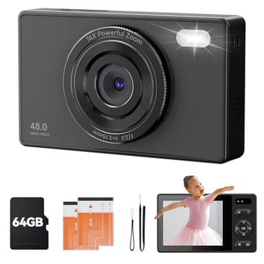 Appareil photo numérique 64 Go pour enfants : mini caméra 48 MP anti-secousses, caméra vidéo 1080p, mise au point automatique, zoom 16x, point anti-secousses et caméra de prise de vue, 2 batteries,