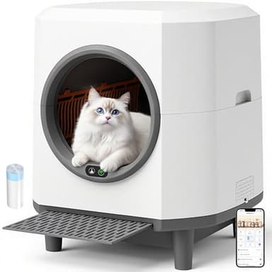 CABZOON Litière automatique pour chat - 90 l - Contrôle par application - Double protection de sécurité - 1 rouleau de sacs poubelles - Blanc