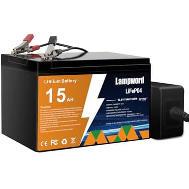 Lampword LiFePO4 Batterie au lithium 12 V 15 Ah Plus de 4000 batteries rechargeables à cycle profond avec chargeur pour moteur à la traîne, énergie solaire et éolienne, batterie UPS/RV