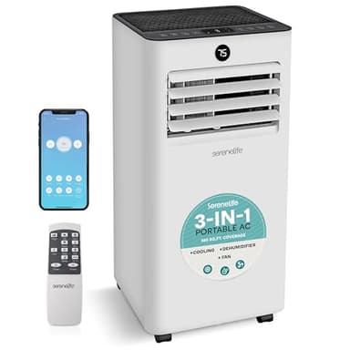 SereneLife Climatiseur portable de 10 000 BTU avec déshumidificateur et ventilateur, fonction WiFi, mini unité AC avec couverture de 450 m², télécommande et kit de montage pour fenêtre