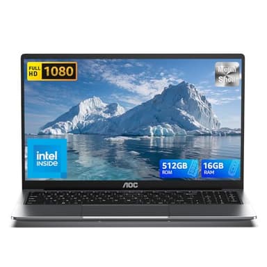 AOC Ordinateur portable 2025 avec processeur 12th Alder Lake N97 (jusqu'à 3,6 GHz) 16 Go de RAM 512 Go SSD Écran FHD 15,6" Premium pour ordinateur portable Windows 11 Pro, coque en métal, Type-C, WiFi