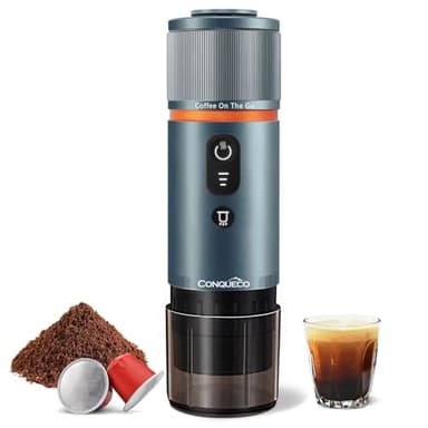 CONQUECO Machine à café expresso portable : petite machine à expresso électrique de voyage 12 V – Auto-chauffante – 8 tasses alimentée par piles compatible avec les capsules Nespresso – pour camping