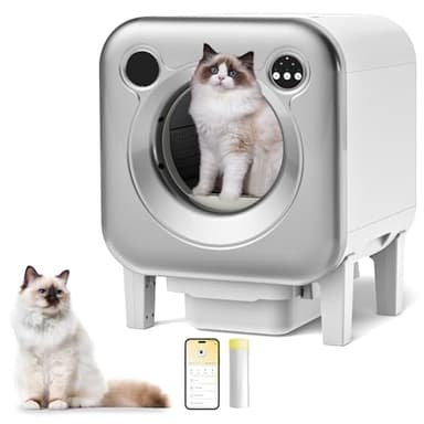 Sereiney Litière automatique extra large pour chat avec contrôle par application, sans odeur, pour plusieurs chats, avec capteurs de sécurité et sacs poubelles, 90 l