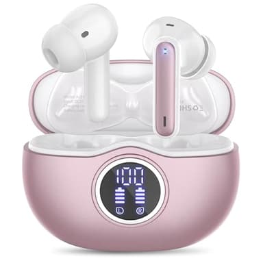 Écouteurs sans fil Bluetooth avec son stéréo, affichage de la puissance LED avec boîtier de chargement sans fil de 50 heures, étanchéité IPX7 avec micro pour iPhone et Android, or rose