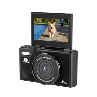 Appareil photo numérique 5K, caméra de vlogging 75 MP, avec zoom 18x, écran rabattable de 3 pouces, appareil photo compact HD, pour photographie de voyage (noir)