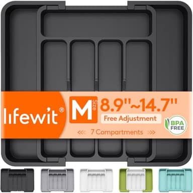 Lifewit Range-couverts extensible pour cuisine, organiseur réglable pour argenterie, ustensiles et couverts, séparateurs de rangement pour cuillères, couteaux, format moyen, noir