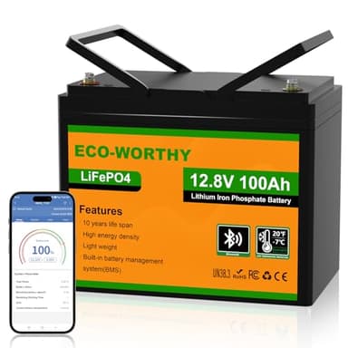 ECO-WORTHY Batterie au lithium LiFePO4 12 V 100 Ah avec Bluetooth, protection basse température, énergie max 1280 Wh, groupe 24, BMS 100 A intégré, parfaite pour moteur à la traîne, camping-car,