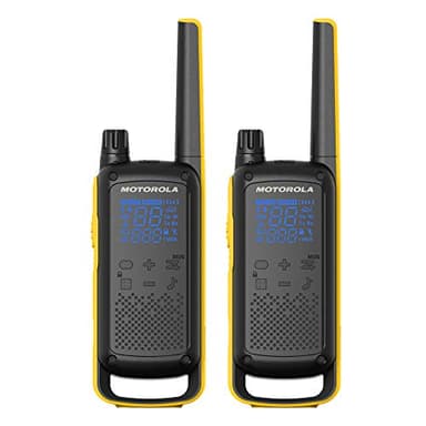 Motorola Solutions T470 Talkabout Lot de 2 radios bidirectionnelles résistantes aux intempéries avec 22 canaux, 121 codes de confidentialité, portée jusqu'à 56 km, alertes météo NOAA, double