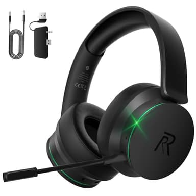 RYR Casque de jeu sans fil pour Xbox Series X |S, Xbox One, PS5, PS4, Mac, Bluetooth 5.3, son surround 3D, cache-oreilles rotatifs, casque de jeu avec microphones antibruit - noir et vert