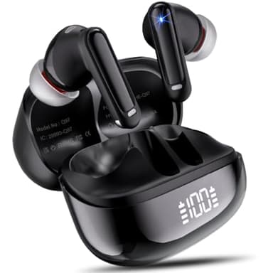 Écouteurs sans fil Bluetooth 5.4 HiFi stéréo basses intra-auriculaires, écouteurs sans fil 48H avec 4 micros antibruit, étanchéité IP7 avec écran LED pour entraînement sportif