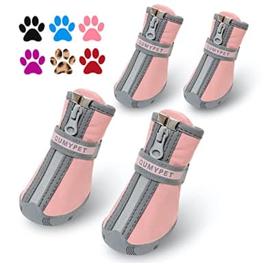 QUMY Lot de 4 paires de bottes d’hiver imperméables pour chien avec bandes réfléchissantes et semelle en caoutchouc souple et confortable, rose