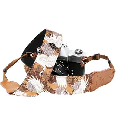 Padwa Lifestyle Sangle pour appareil photo – 5,1 cm en cuir de vache pour photographes, impression vintage, marron, art japonais, sangle réglable pour appareils photo reflex numériques sans miroir