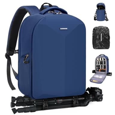 RAINSMORE Sac à dos rigide pour appareil photo DSLR/SLR professionnel avec étui pour objectif et housse de pluie, Bleu foncé, sac à dos appareil