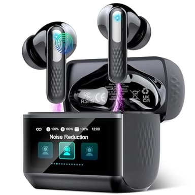 Écouteurs sans fil, écouteurs Bluetooth 5.4 avec écran tactile multifonctionnel, son stéréo basses, microphone antibruit ANC/ENC, étanchéité IPX7, écouteurs Bluetooth 48H avec 5 modes EQ, noir