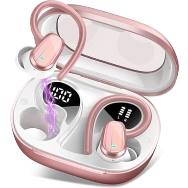 Écouteurs sans fil, Bluetooth 5.4 50H, écouteurs Bluetooth avec suppression du bruit ENC, son stéréo HiFi sans fil avec crochets d'oreille, écouteurs étanches IP7, rose
