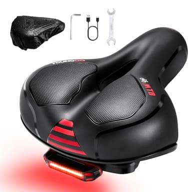 YOUNGDO Siège de vélo confortable avec feu arrière, coussin rembourré en mousse à mémoire de forme, selle de vélo universelle pour homme et femme, accessoire de vélo, convient pour VTT, vélo de route,