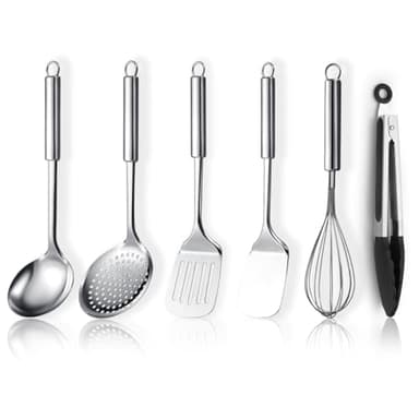 ReaNea Lot de 6 ustensiles de cuisine en acier inoxydable comprenant une spatule en métal, une écumoire, une louche, une pince, un fouet, des gadgets de cuisine essentiels pour la nouvelle maison