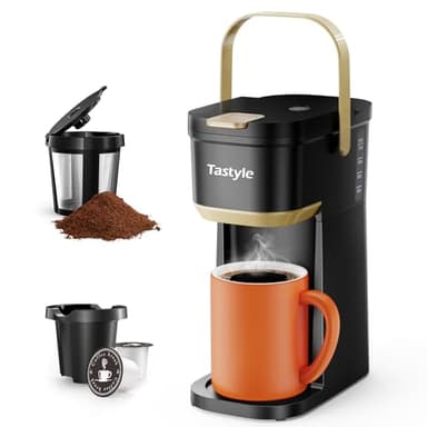 Tastyle Mini cafetière à portion unique, pour tasses K et mous, avec poignée portable, taille d'infusion de 18 à 355 ml, pour voyage, camping, bureau, camping-car et dortoir, noir et doré