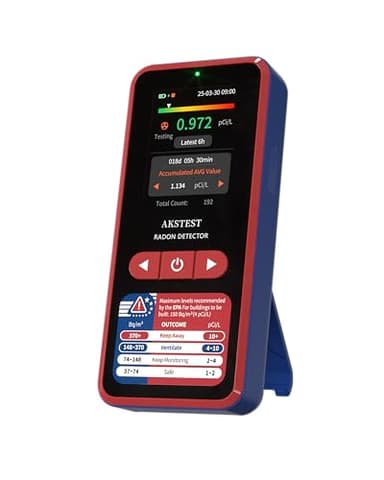AKSTEST Détecteur de radon RM-60 avec écran couleur TFT, moniteur de radon à long terme pour la maison, le sous-sol, alarmes sonores et visuelles, rechargeable par USB de type C, pCi/L ou Bq/m³