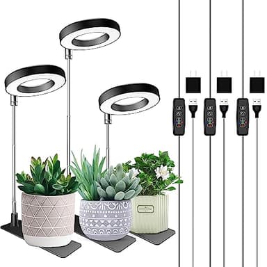 Aokrean Lot de 3 lampes de croissance à spectre complet pour plantes d'intérieur, 48 LED, hauteur réglable, petite lampe de croissance halo avec base, 3 spectres optionnels, minuterie automatique 3/9